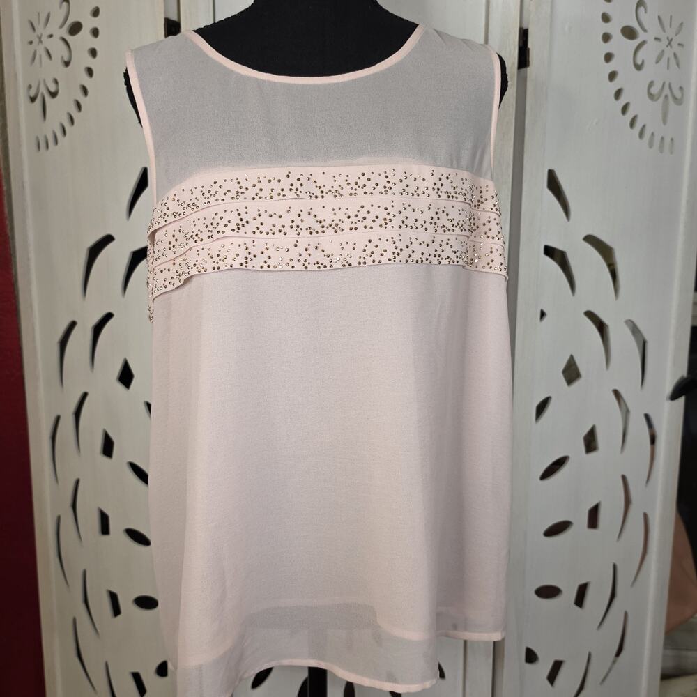 French Connection Women's Sheer Sleeveless Studded Blouse Romantic Pink Sz 10